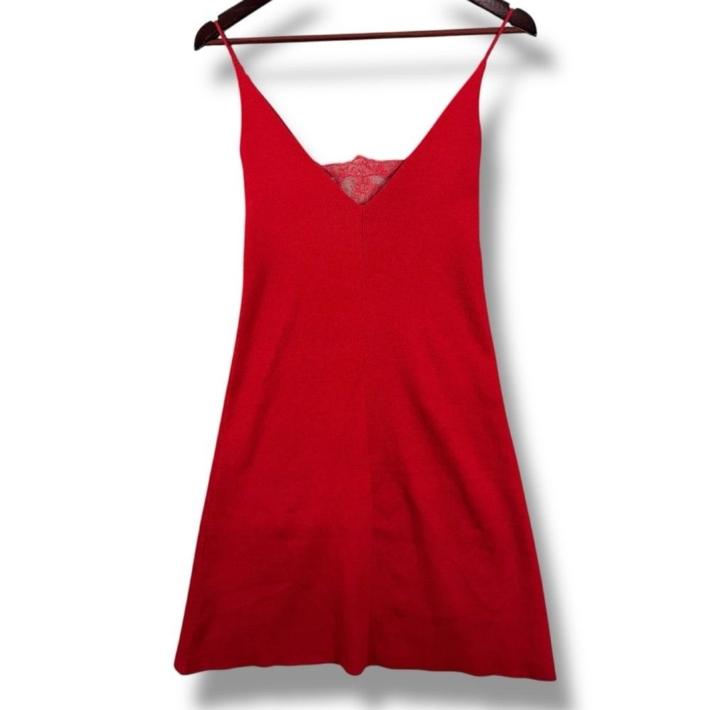 Ryan Roche Ribbed Knit Red Dress Lace Trim V-Neck Womens Small Knee Length - Picture 11 of 14